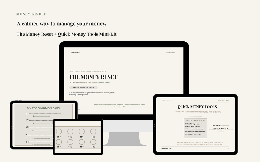 The Money Reset workbook and Money Tools Mini Kit shown together on a desktop and tablets, with the My Money Number Calculator on a small laptop screen