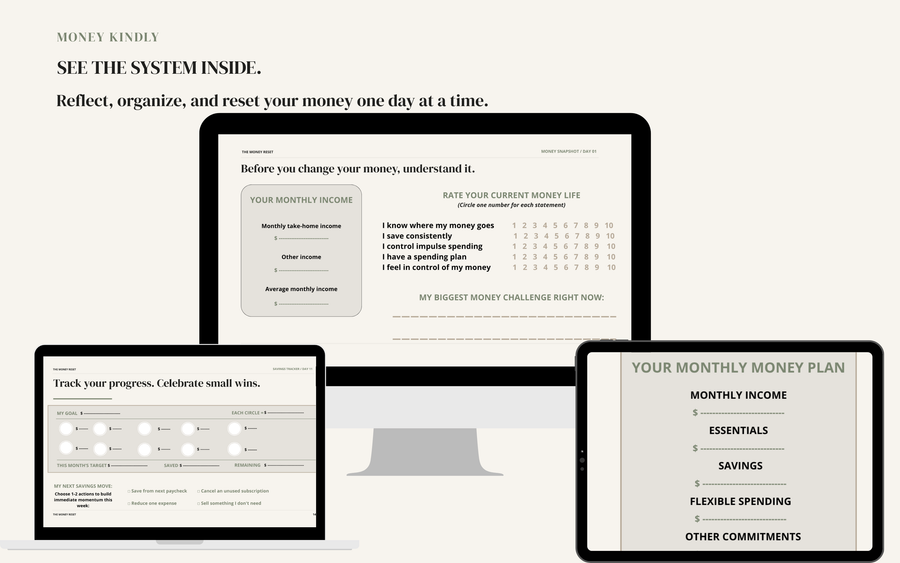 The Money Reset workbook pages shown on a desktop, laptop and tablet