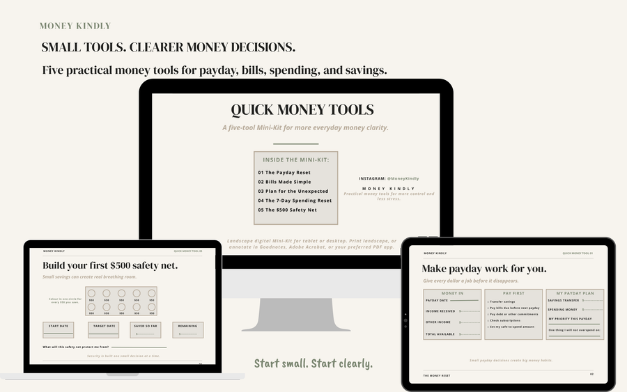 Money Tools Mini Kit pages for payday, bills and savings shown on a desktop, laptop and tablet